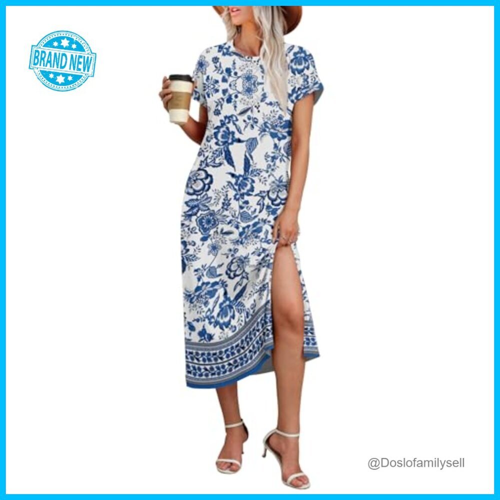 Casual Maxi Dress Short Sleeve T-Shirt Style with Pockets Travel Outfit - Picture 2 of 7